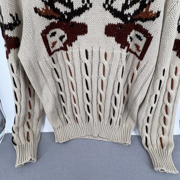 Vintage 1970s Bengal Lancer Mens XL Cable Knit Moose Head Chunky Sweater Grandpa - Picture 3 of 10